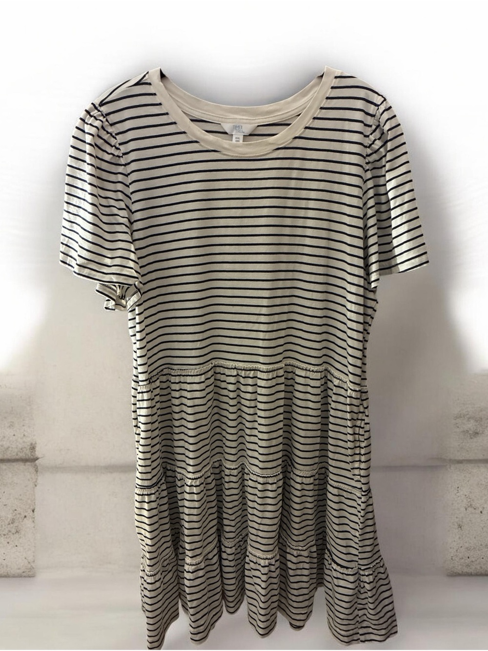 Time and Tru Cream and Black Striped Tiered Short-Sleeve Dress